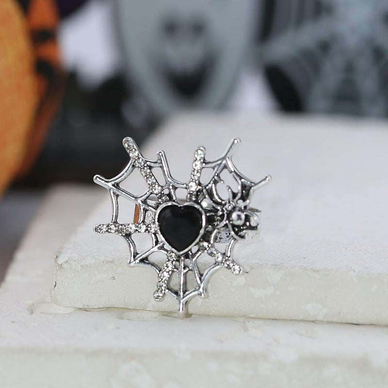 ANGLEQUEEN Punk Halloween Spider Rings for Women Knuckle Black Spider Web Bat Ring Gothic Vintage Dark Crystal Ring Red Rhinestone Statement Rings Halloween Witch Jewelry - Image 4